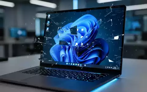 A close-up of a laptop screen showing a glitched Windows 11 desktop, with digital artifacts and a blue glow. - Foto: über boerse-global.de
