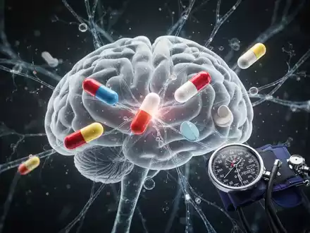 Ein stilisiertes, leuchtendes menschliches Gehirn mit neuronalen Pfaden, überlagert von Medikamentenkapseln und Blutdruckmanschetten. - Foto: über boerse-global.de