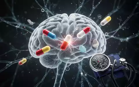 Ein stilisiertes, leuchtendes menschliches Gehirn mit neuronalen Pfaden, überlagert von Medikamentenkapseln und Blutdruckmanschetten. - Foto: über boerse-global.de