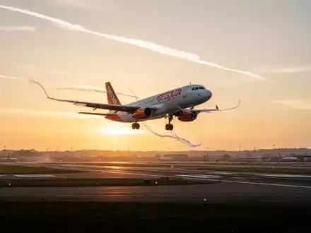 Ein easyJet-Flugzeug startet bei Sonnenuntergang von einer Flughafenlandebahn, mit goldenem Licht am Horizont. - Foto: über boerse-global.de
