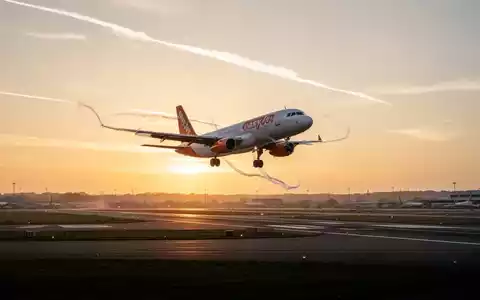 Ein easyJet-Flugzeug startet bei Sonnenuntergang von einer Flughafenlandebahn, mit goldenem Licht am Horizont. - Foto: über boerse-global.de