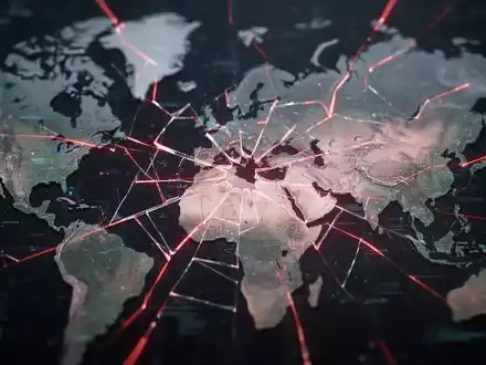 A digital illustration of a disrupted global network, with red lines symbolizing outages over a world map, affecting continents. - Foto: über boerse-global.de