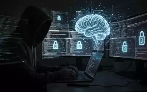 A shadowy figure typing on a laptop, surrounded by screens displaying code and a glowing AI brain graphic. - Foto: über boerse-global.de
