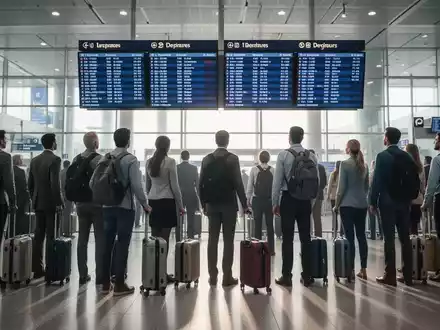 Passagiere mit Gepäck in einem modernen, hellen Flughafenterminal blicken auf Anzeigetafeln, die auf neue EU-Fluggastrechte hinweisen. - Foto: über boerse-global.de