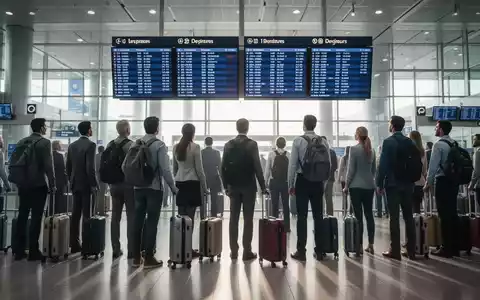 Passagiere mit Gepäck in einem modernen, hellen Flughafenterminal blicken auf Anzeigetafeln, die auf neue EU-Fluggastrechte hinweisen. - Foto: über boerse-global.de