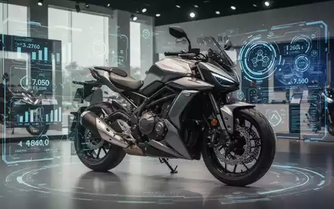 A modern motorcycle in an Indian showroom, with a transparent digital overlay displaying financial data and AI symbols, representing automated loan processing. - Foto: über boerse-global.de