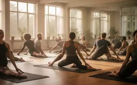 Eine Gruppe von Menschen praktiziert sanfte Yoga-Posen in einem ruhigen Studio, das Entspannung und Regeneration betont. - Foto: über boerse-global.de