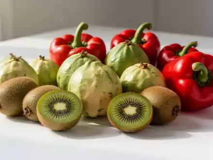 Nahaufnahme von frischen Guaven, Kiwis und roten Paprika, die auf einer weißen Oberfläche angeordnet sind. - Foto: über boerse-global.de