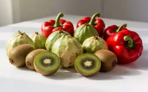 Nahaufnahme von frischen Guaven, Kiwis und roten Paprika, die auf einer weißen Oberfläche angeordnet sind. - Foto: über boerse-global.de