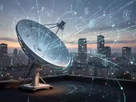 Eine futuristische Satellitenschüssel auf einem Dach, verbunden mit digitalen Datenströmen vor einer Stadtkulisse bei Dämmerung. - Foto: über boerse-global.de