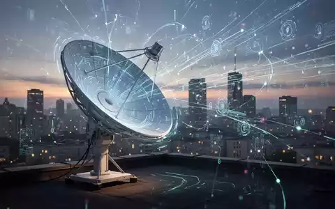 Eine futuristische Satellitenschüssel auf einem Dach, verbunden mit digitalen Datenströmen vor einer Stadtkulisse bei Dämmerung. - Foto: über boerse-global.de