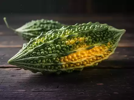Nahaufnahme einer Bittermelone auf einer dunklen Holzoberfläche, die ihre einzigartige Textur und Form hervorhebt. - Foto: über boerse-global.de