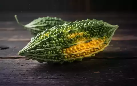 Nahaufnahme einer Bittermelone auf einer dunklen Holzoberfläche, die ihre einzigartige Textur und Form hervorhebt. - Foto: über boerse-global.de
