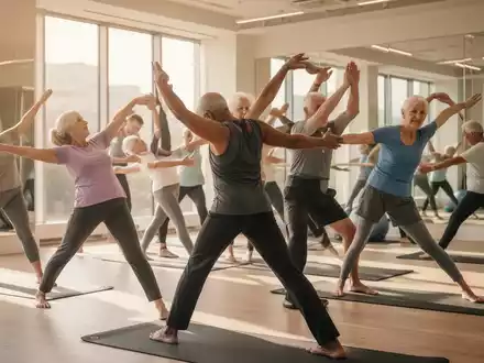 Eine Gruppe älterer Menschen macht unter Anleitung leichte Rückenübungen in einem hellen, modernen Fitnessstudio. - Foto: über boerse-global.de