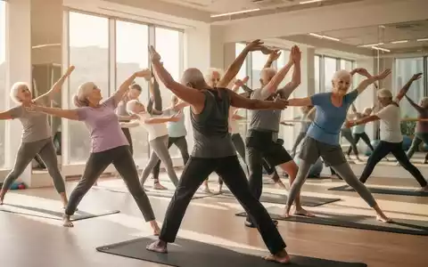 Eine Gruppe älterer Menschen macht unter Anleitung leichte Rückenübungen in einem hellen, modernen Fitnessstudio. - Foto: über boerse-global.de