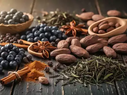 Nahaufnahme von dunklen Beeren, Gewürzen, Kakaobohnen und grünen Teeblättern, die Polyphenole enthalten. - Foto: über boerse-global.de