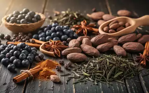 Nahaufnahme von dunklen Beeren, Gewürzen, Kakaobohnen und grünen Teeblättern, die Polyphenole enthalten. - Foto: über boerse-global.de
