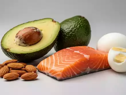 Eine ausgewogene Anordnung von gesunden, kalorienreichen Lebensmitteln wie Avocado, Nüssen, Lachs und Ei vor einem hellen Hintergrund. - Foto: über boerse-global.de