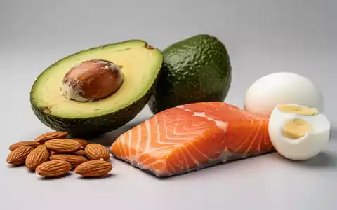 Eine ausgewogene Anordnung von gesunden, kalorienreichen Lebensmitteln wie Avocado, Nüssen, Lachs und Ei vor einem hellen Hintergrund. - Foto: über boerse-global.de