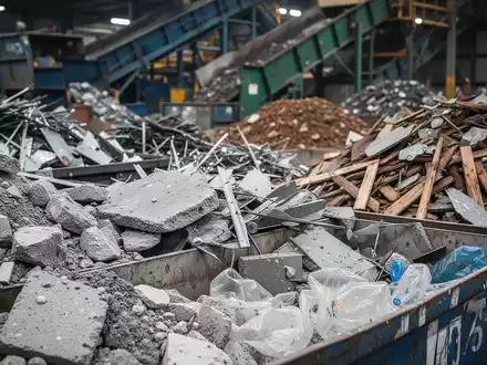Nahaufnahme von sortierten Baumaterialien und Schrott, darunter Beton, Metall, Holz und Kunststoff, in einer Recyclinganlage. - Foto: über boerse-global.de