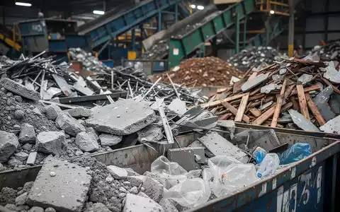 Nahaufnahme von sortierten Baumaterialien und Schrott, darunter Beton, Metall, Holz und Kunststoff, in einer Recyclinganlage. - Foto: über boerse-global.de