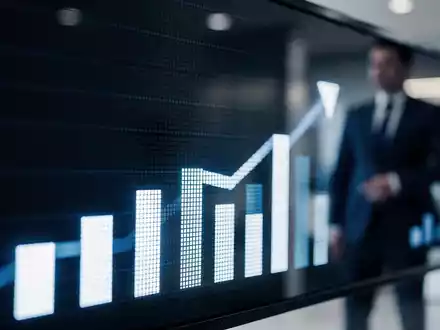 Ein Börsenticker zeigt Finanzdaten, im Hintergrund verschwommen ein Geschäftsmann. Blaue und weiße Farbgebung. - Foto: über boerse-global.de