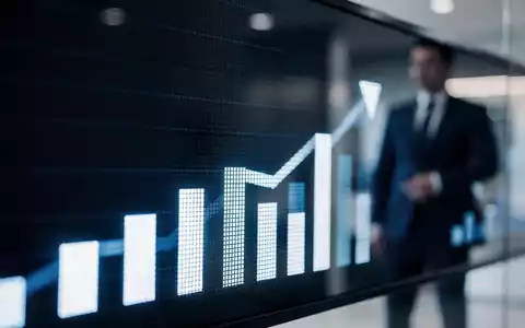 Ein Börsenticker zeigt Finanzdaten, im Hintergrund verschwommen ein Geschäftsmann. Blaue und weiße Farbgebung. - Foto: über boerse-global.de