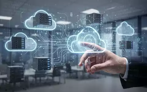 Abstrakte Darstellung von Datenflüssen zwischen Cloud-Servern und einer menschlichen Hand, die mit einem holografischen Interface interagiert. - Foto: über boerse-global.de