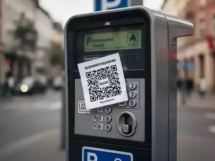 Gefälschter QR-Code-Aufkleber auf einem Parkautomaten in einer deutschen Stadt, der die Betrugsgefahr durch Quishing darstellt. - Foto: über boerse-global.de