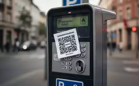 Gefälschter QR-Code-Aufkleber auf einem Parkautomaten in einer deutschen Stadt, der die Betrugsgefahr durch Quishing darstellt. - Foto: über boerse-global.de