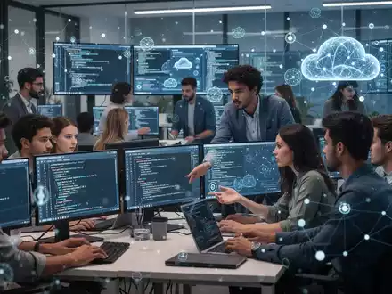 Students and professionals learning AI and cloud computing in a modern classroom, with digital overlays representing data and AI concepts. - Foto: über boerse-global.de