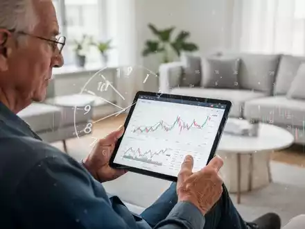 Eine nachdenkliche ältere Person betrachtet ein Tablet mit Finanzgrafiken in einem modernen Wohnzimmer, das Altersvorsorge symbolisiert. - Foto: über boerse-global.de