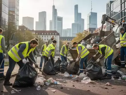 Freiwillige und städtische Arbeiter räumen Müll in einem sauberen, modernen Stadtpark in Deutschland auf, mit Hochhäusern im Hintergrund. - Foto: über boerse-global.de