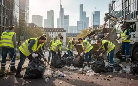 Freiwillige und städtische Arbeiter räumen Müll in einem sauberen, modernen Stadtpark in Deutschland auf, mit Hochhäusern im Hintergrund. - Foto: über boerse-global.de