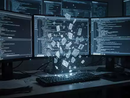 A high-tech workstation with multiple screens showing data recovery software and a glowing holographic representation of fragmented data. - Foto: über boerse-global.de