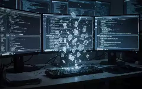 A high-tech workstation with multiple screens showing data recovery software and a glowing holographic representation of fragmented data. - Foto: über boerse-global.de
