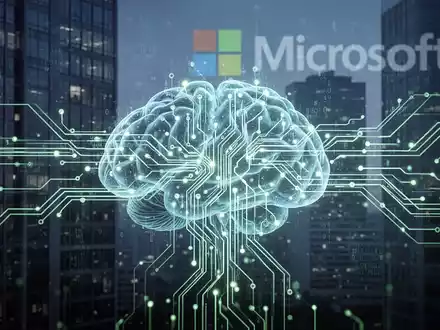A glowing neural network design with data streams, subtly overlaid with corporate building outlines, symbolizing AI's integration into business. - Foto: über boerse-global.de