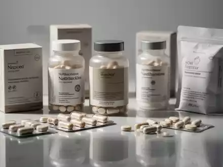 Eine Nahaufnahme verschiedener Nahrungsergänzungsmittel in minimalistischer Verpackung, auf einer reflektierenden Oberfläche angeordnet. - Foto: über boerse-global.de
