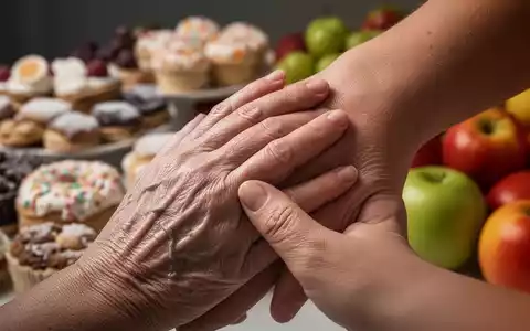 Eine Nahaufnahme einer Hand, die leicht die Haut im Gesicht berührt, mit unscharfen süßen Lebensmitteln im Hintergrund. - Foto: über boerse-global.de
