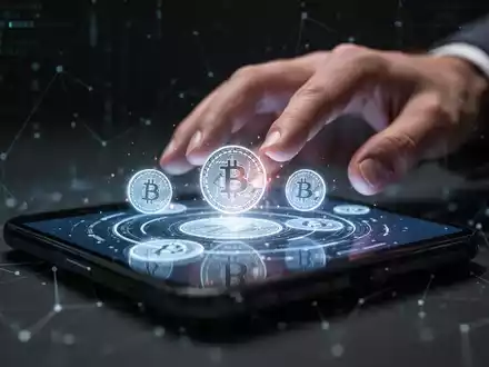 Eine Hand greift nach einem Smartphone-Bildschirm, der leuchtende Kryptowährungssymbole und digitale Netzwerke zeigt. Symbolisiert Krypto-Betrug. - Foto: über boerse-global.de