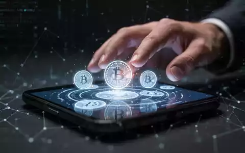 Eine Hand greift nach einem Smartphone-Bildschirm, der leuchtende Kryptowährungssymbole und digitale Netzwerke zeigt. Symbolisiert Krypto-Betrug. - Foto: über boerse-global.de