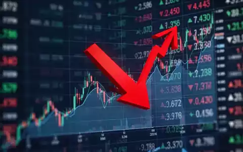 Ein roter Abwärtspfeil über verschwommenen digitalen Börsendaten, der einen starken Kursrückgang symbolisiert. - Foto: über boerse-global.de