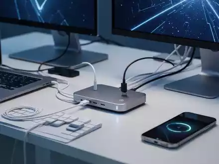 A modern docking station centralizes a professional, clutter-free desk with a laptop, monitor, and wireless charging phone. - Foto: über boerse-global.de