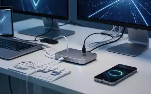 A modern docking station centralizes a professional, clutter-free desk with a laptop, monitor, and wireless charging phone. - Foto: über boerse-global.de