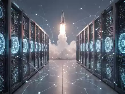 A futuristic server room with glowing blue lights on racks of GPUs, with a faint rocket launch visible through a window in the background. - Foto: über boerse-global.de