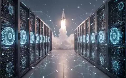 A futuristic server room with glowing blue lights on racks of GPUs, with a faint rocket launch visible through a window in the background. - Foto: über boerse-global.de