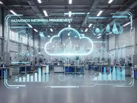 Eine futuristische, leuchtende digitale Benutzeroberfläche zeigt Daten zum Gefahrstoffmanagement über einem sauberen Industrieraum. - Foto: über boerse-global.de