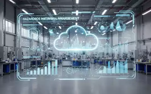 Eine futuristische, leuchtende digitale Benutzeroberfläche zeigt Daten zum Gefahrstoffmanagement über einem sauberen Industrieraum. - Foto: über boerse-global.de