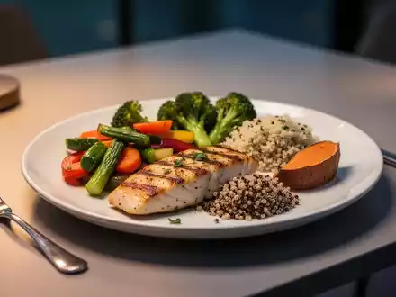 Ein ausgewogenes Abendessen auf einem Tisch, mit Fisch, Gemüse und Quinoa, angerichtet unter warmer Beleuchtung. - Foto: über boerse-global.de