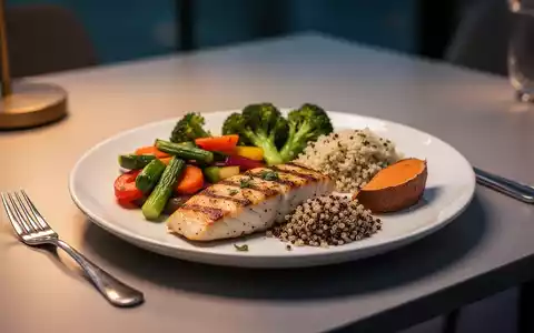 Ein ausgewogenes Abendessen auf einem Tisch, mit Fisch, Gemüse und Quinoa, angerichtet unter warmer Beleuchtung. - Foto: über boerse-global.de